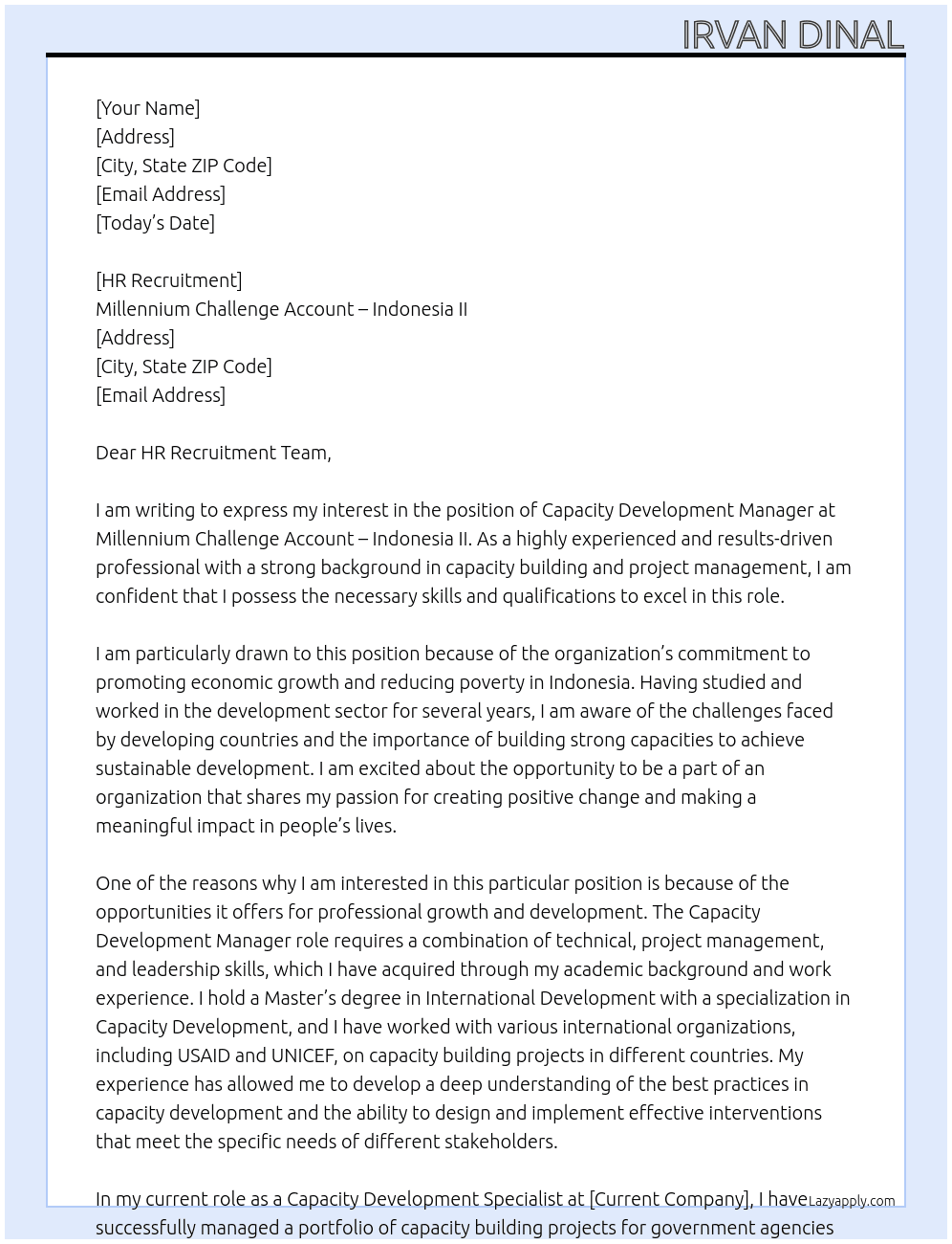 Capacity Development Manager At Millennium Challenge Account – Indonesia II Cover Letter