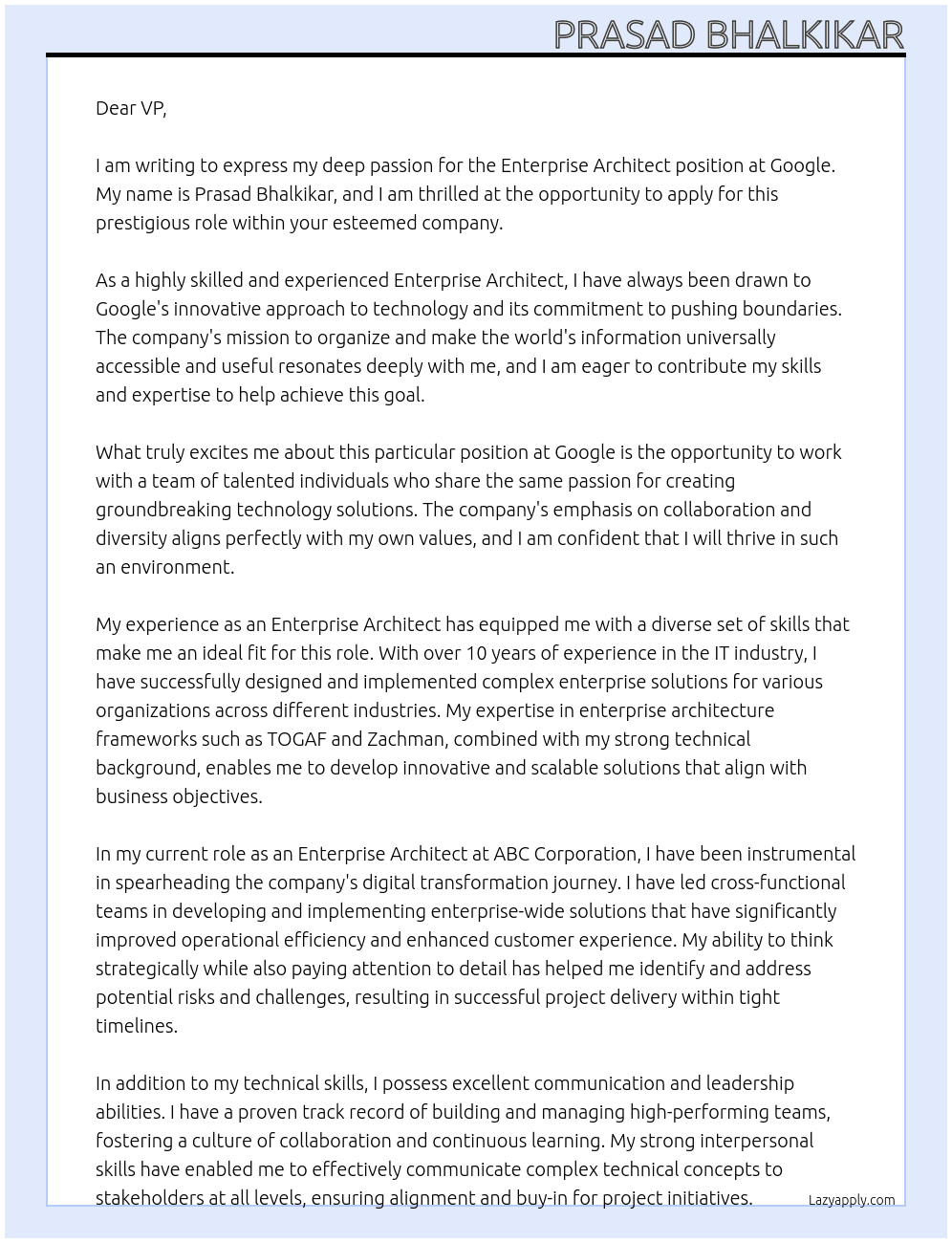 Enterprise Architect At Google Cover Letter