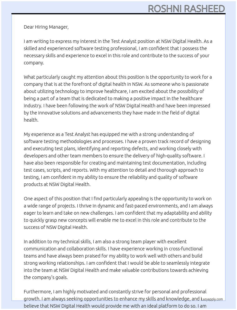 Test Analyst At NSW Digital Health Cover Letter