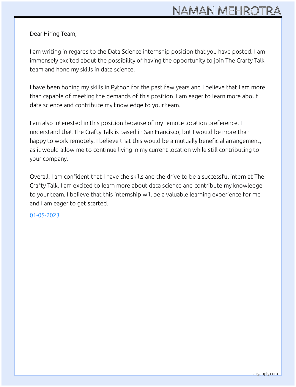 Data Science internship At The Crafty Talk Cover Letter