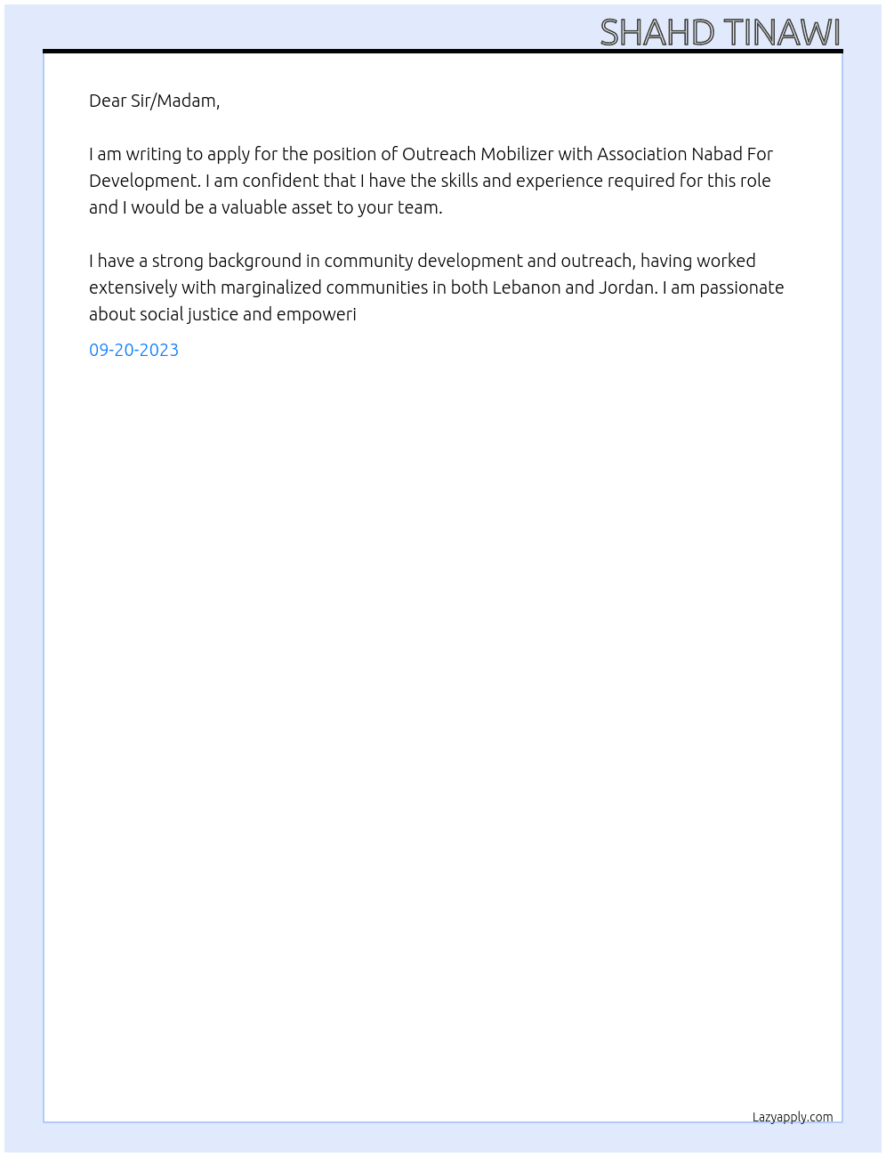 Outreach mobilizers  At Association Nabad For Development  Cover Letter