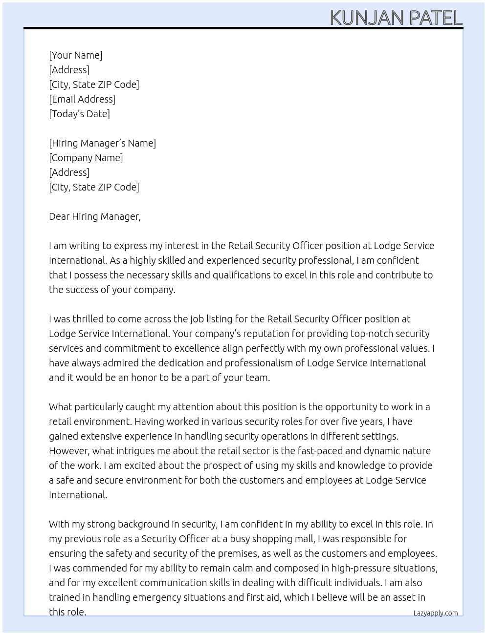 Retail Security Officer At Lodge service international Cover Letter