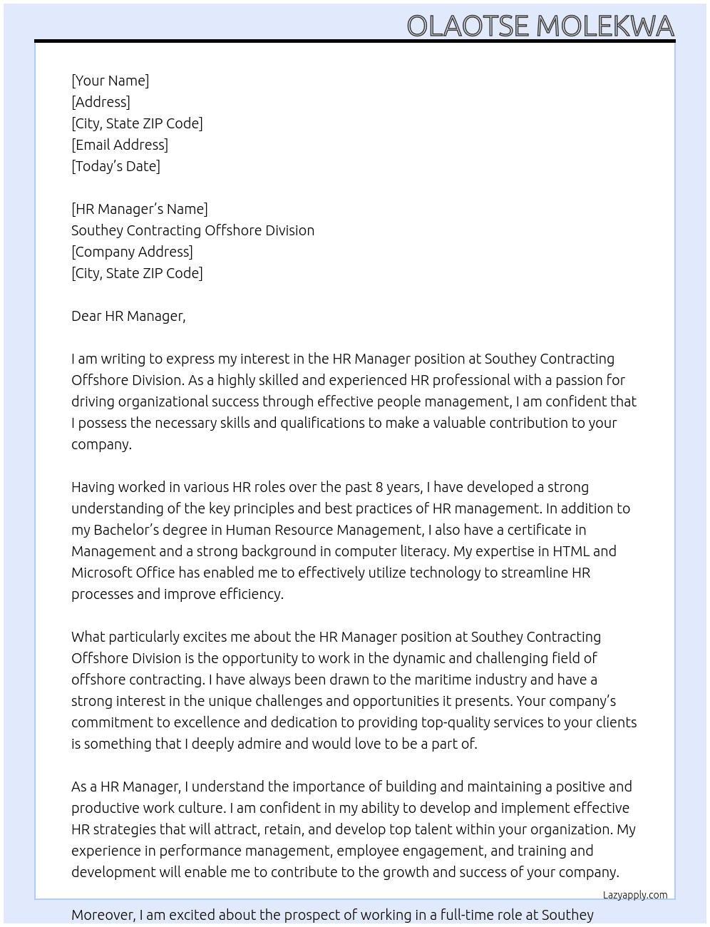 HR manager At Southey Contracting Offshore Division Cover Letter