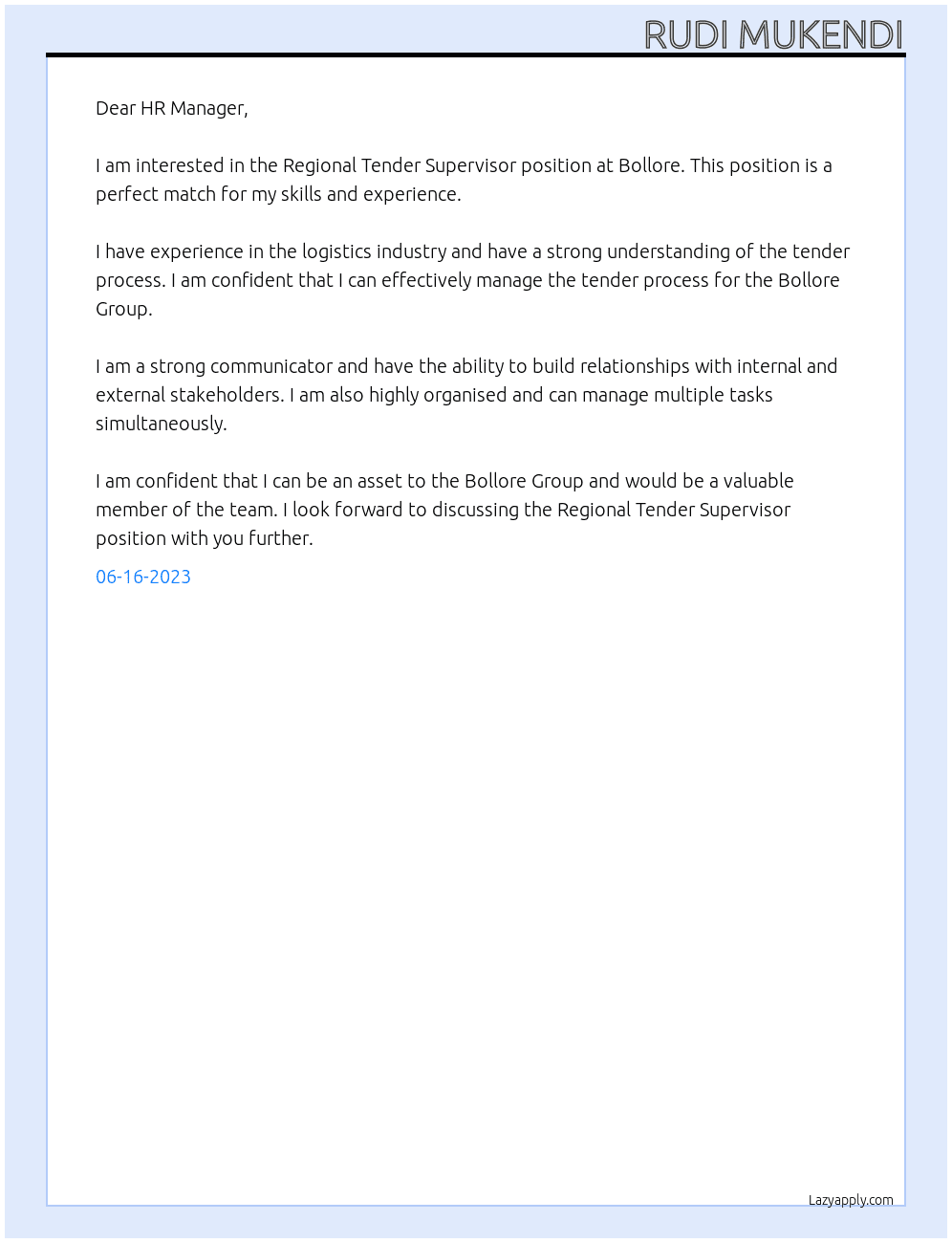 Regional Tender Supervisor At Bollore Cover Letter