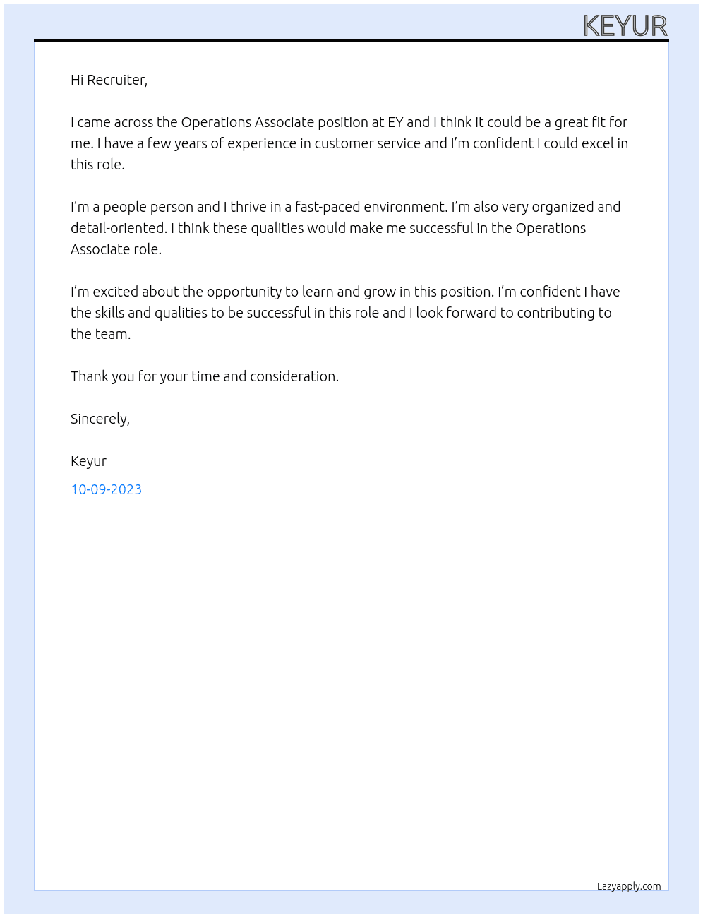 Operation Associate At EY Cover Letter