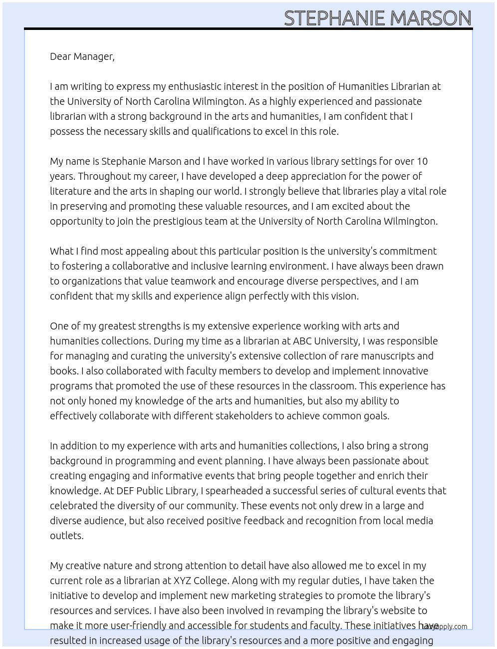 Humanities Librarian At University of North Carolina Wilmington Cover Letter