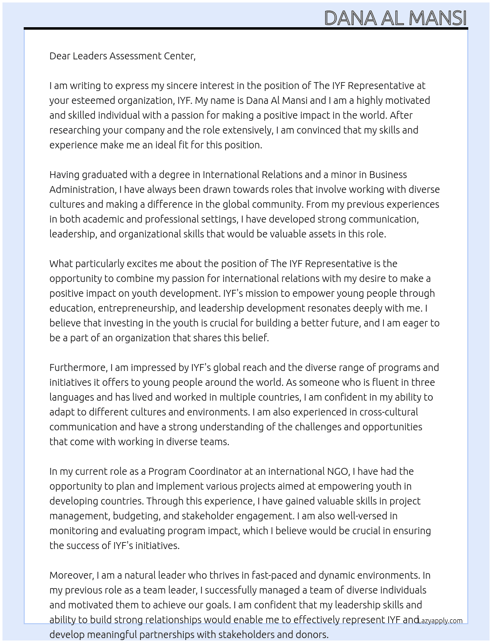 The IYF Representative At IYF Cover Letter