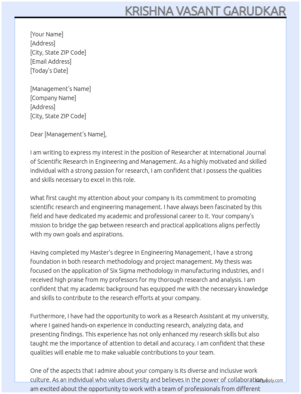 Researcher At International Journal of Scientific Research in Engineering and Management Cover Letter