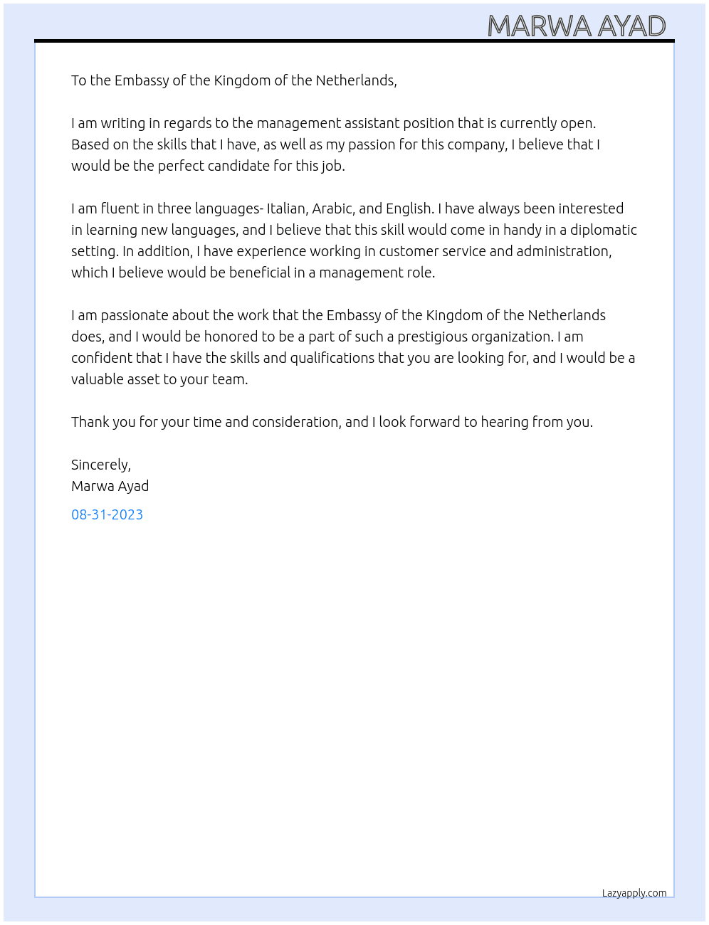 Management assistant  At Embassy of the kingdom of the Netherlands  Cover Letter