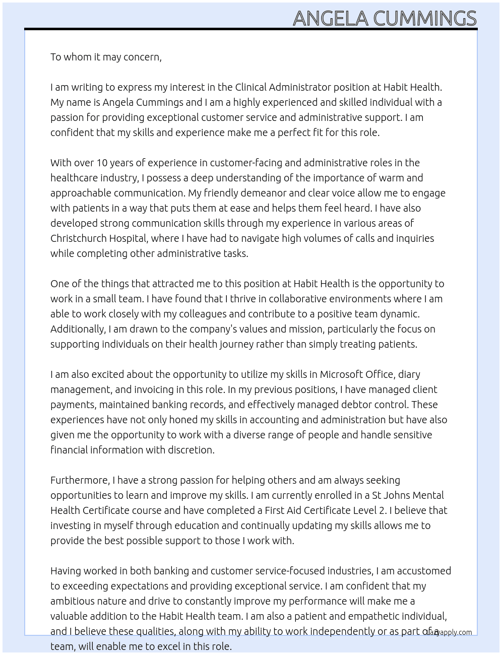 Clinic Administrator At Habit Health Cover Letter