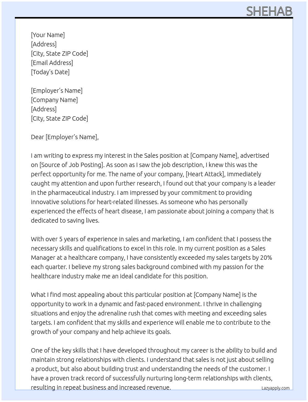 sales At heart attack Cover Letter