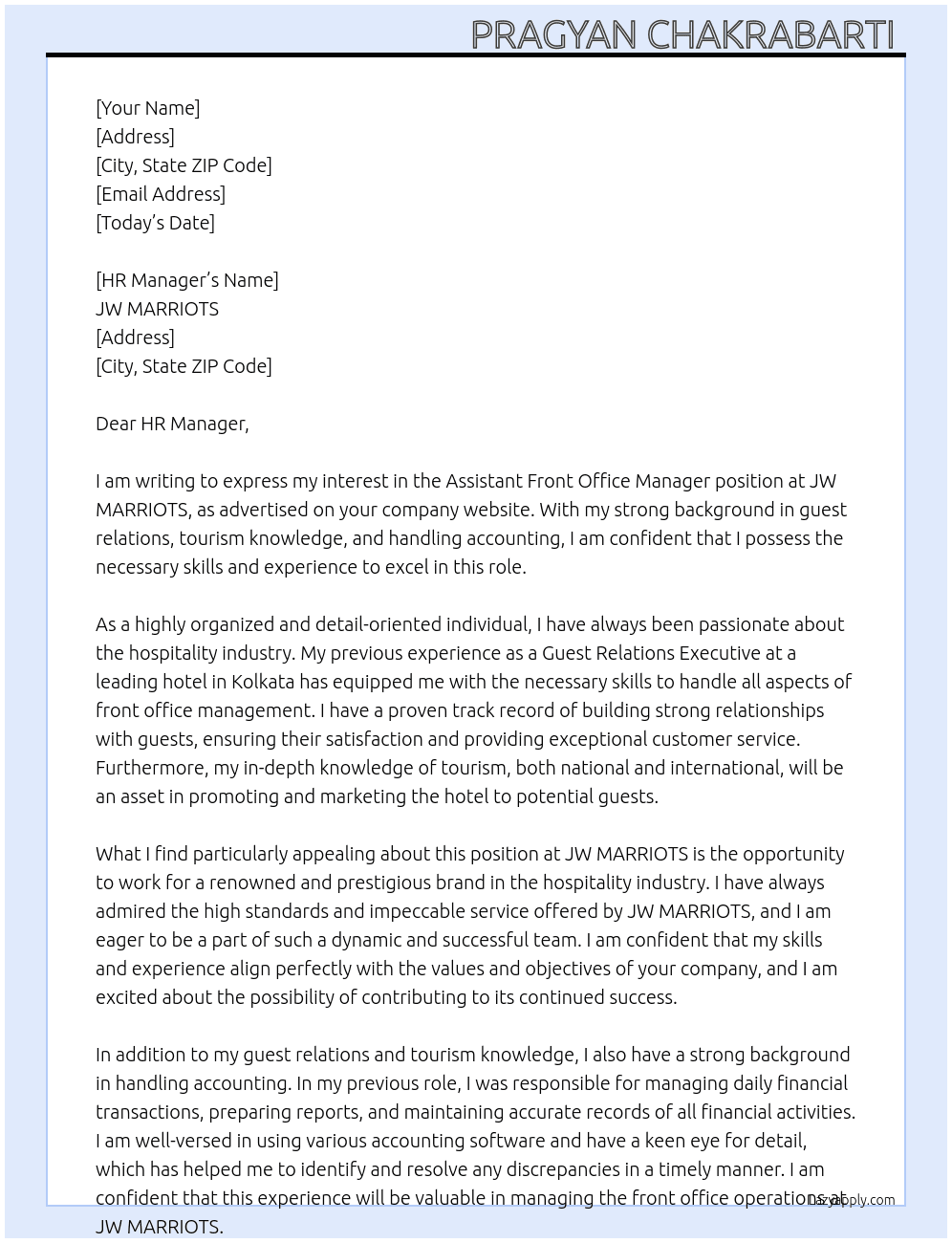 Assistant front office manager  At JW MARRIOTS  Cover Letter