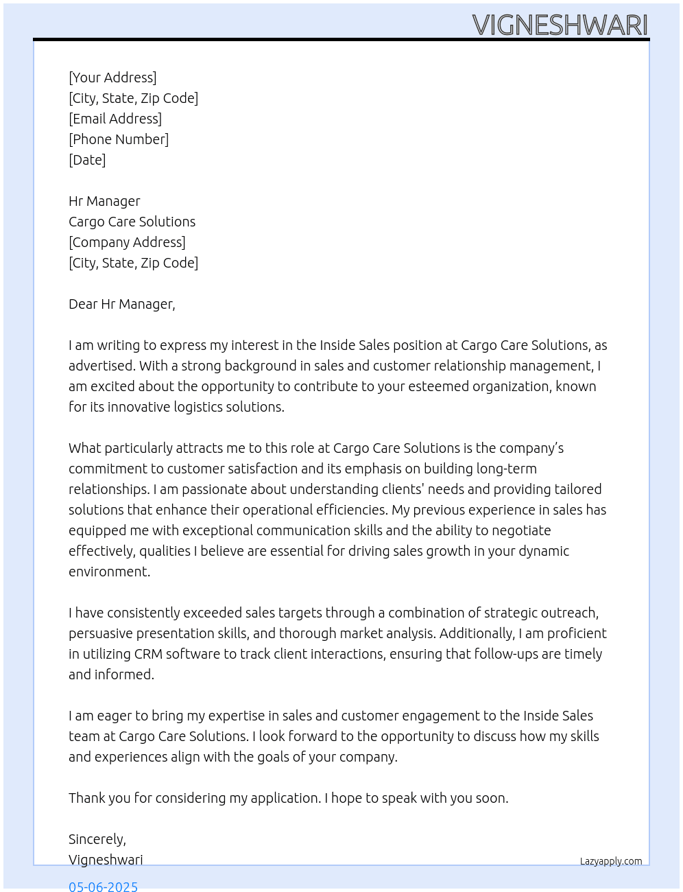 Inside Sales At Cargo Care Solutions Cover Letter