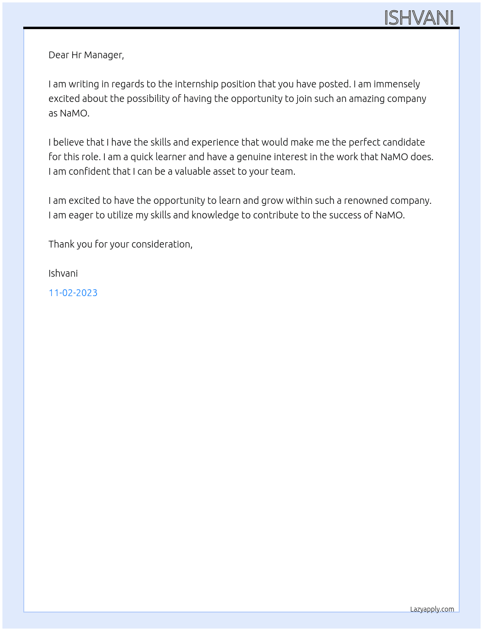 Internship  At NaMO Cover Letter