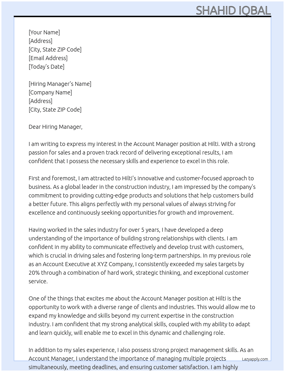 account manager At Hilti Cover Letter
