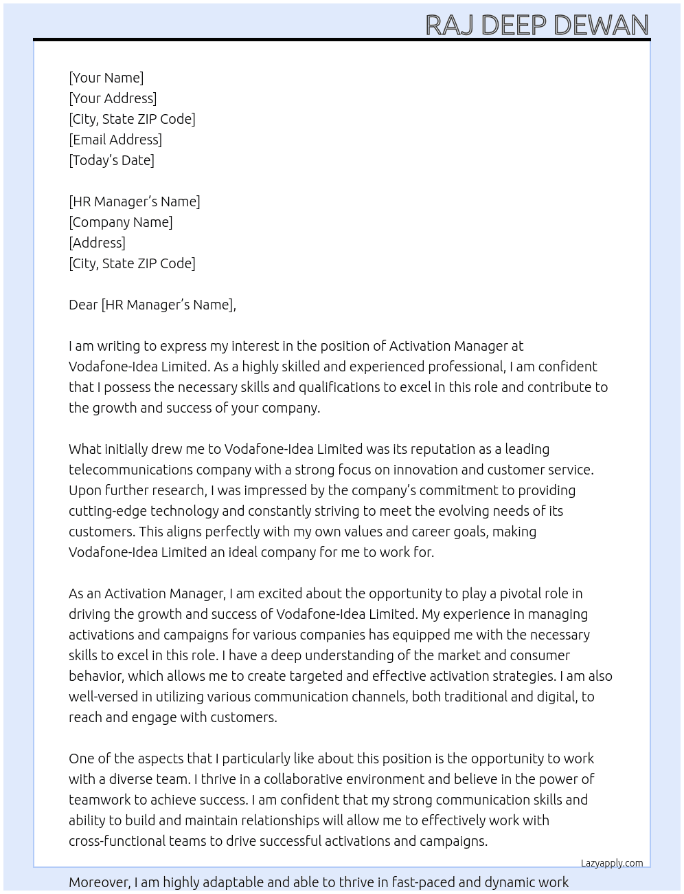 Activation manager  At Vodafone-Idea limited  Cover Letter