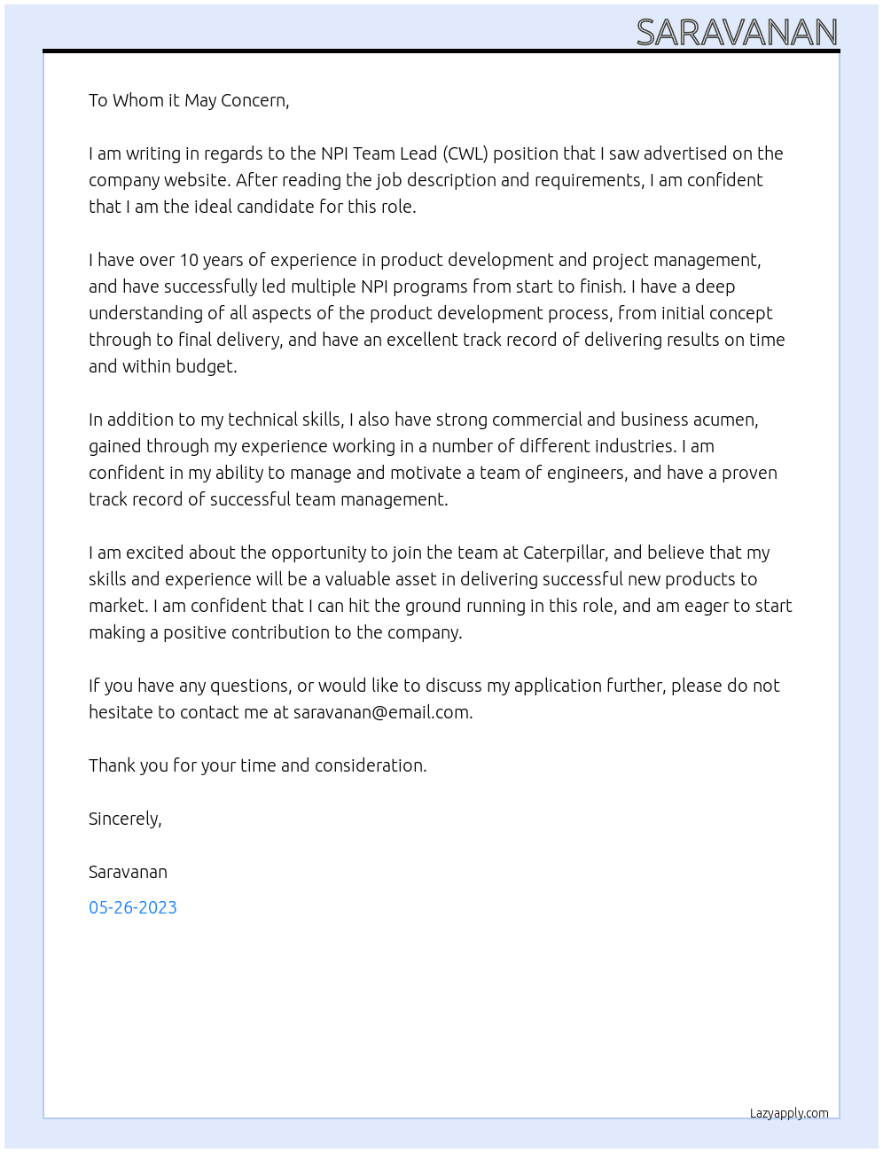 NPI Team Lead (CWL) At caterpillar Cover Letter