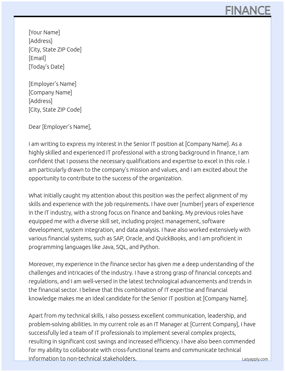 sernior it At Finance Cover Letter
