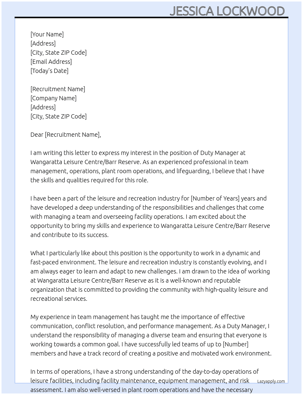 Duty Manager At Wangaratta Leisure Centre / Barr Reserve Cover Letter