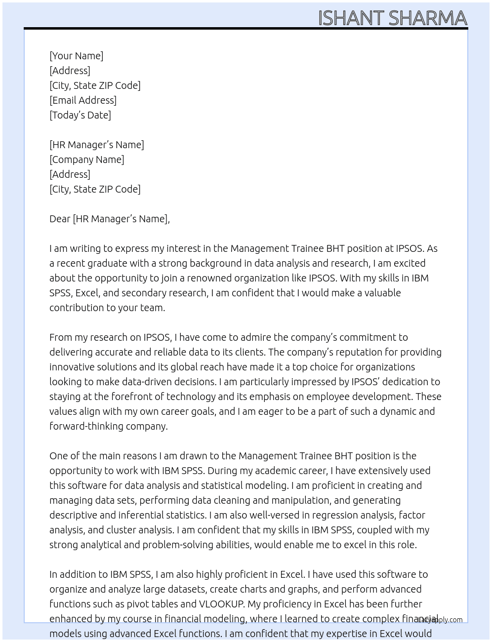 Management trainee BHT At IPSOS Cover Letter