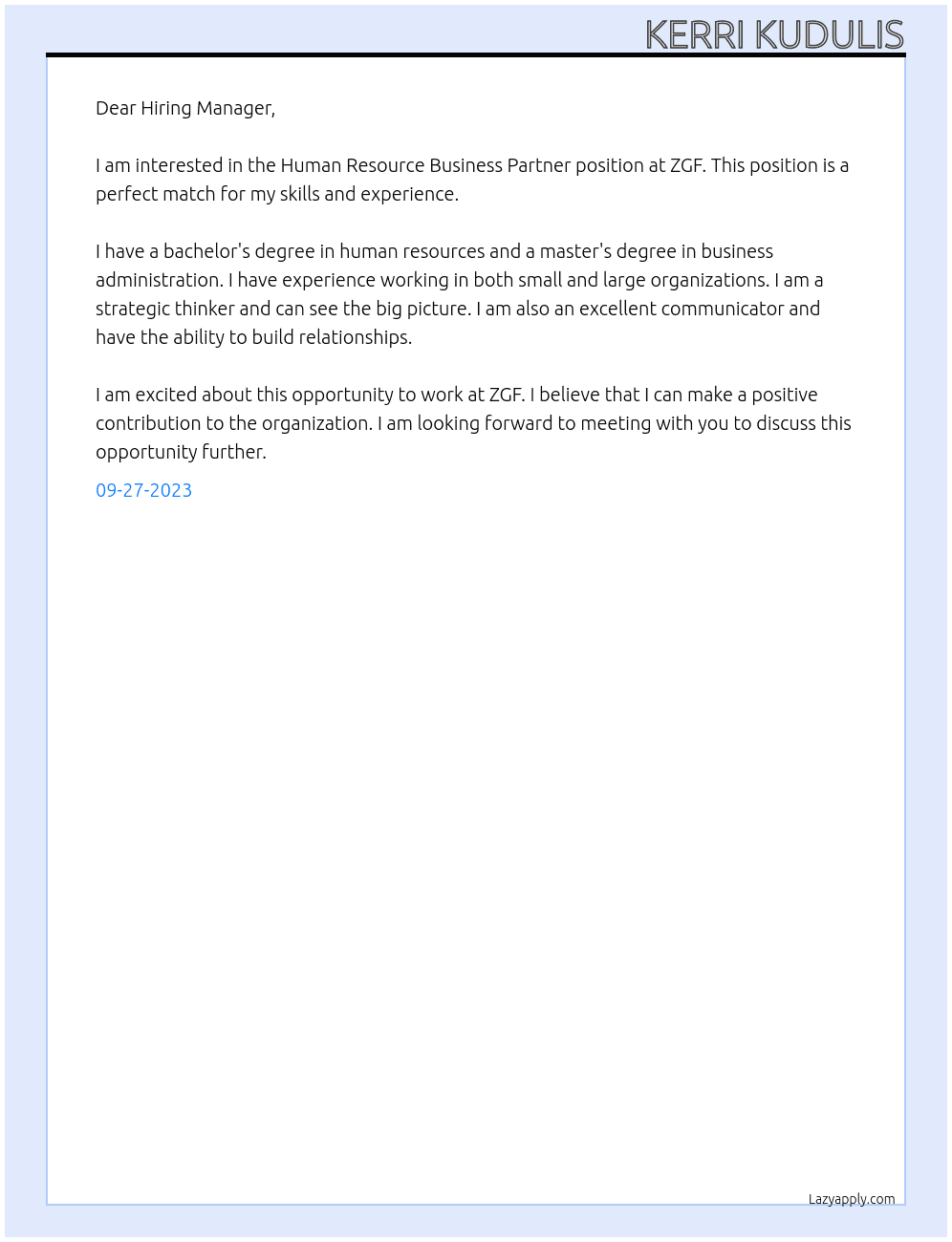Human Resource Business Partner At ZGF Cover Letter