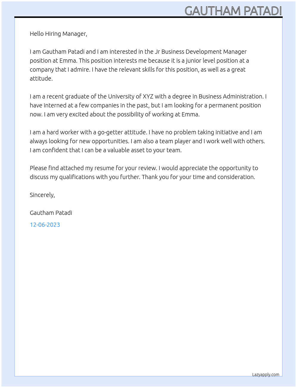 Jr Business Development Manager At Emma  Cover Letter