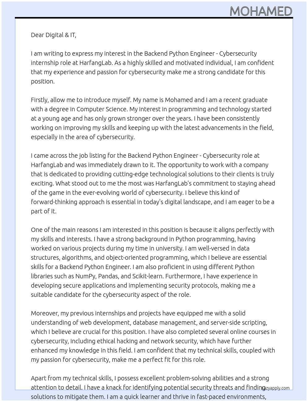 Backend Python Engineer - Cybersecurity  At HarfangLab  Cover Letter