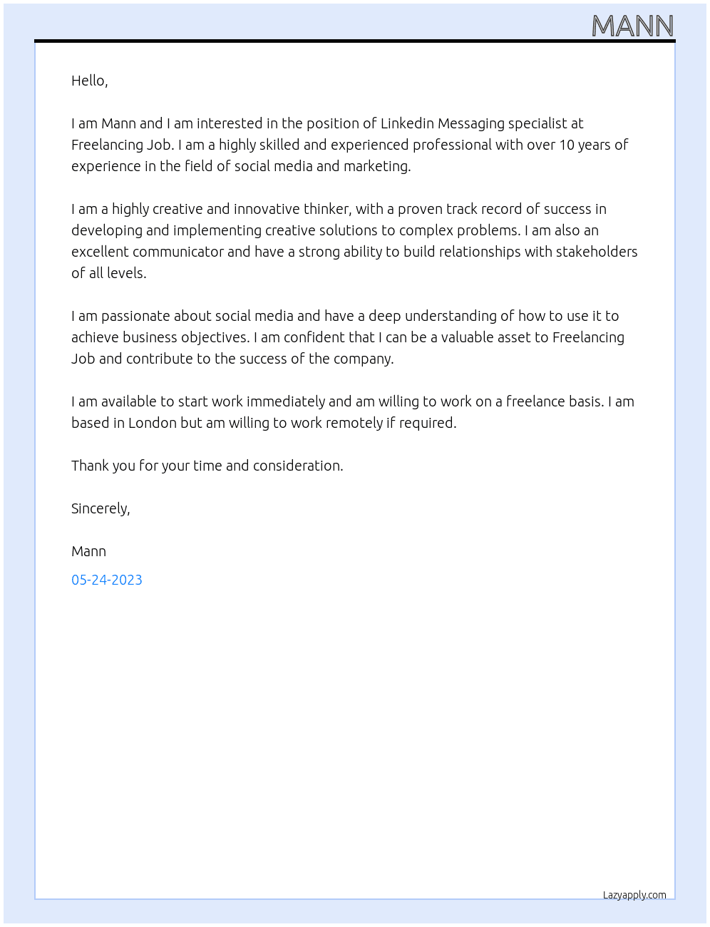 Linkedin Messaging specialist At Freelancing Job Cover Letter
