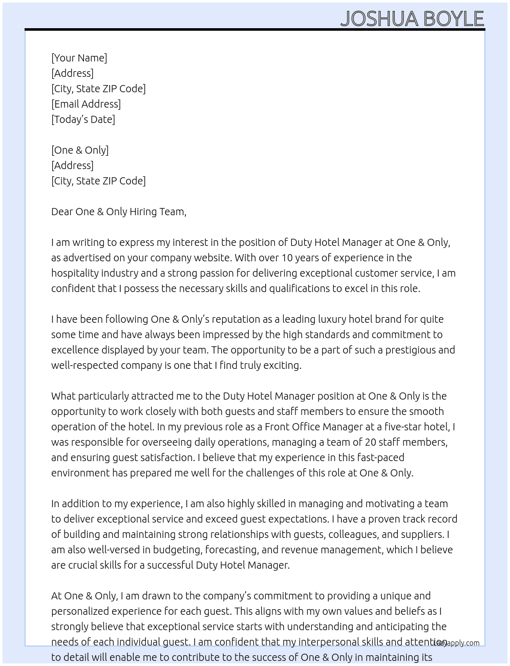 Duty Hotel Manager  At One & Only  Cover Letter