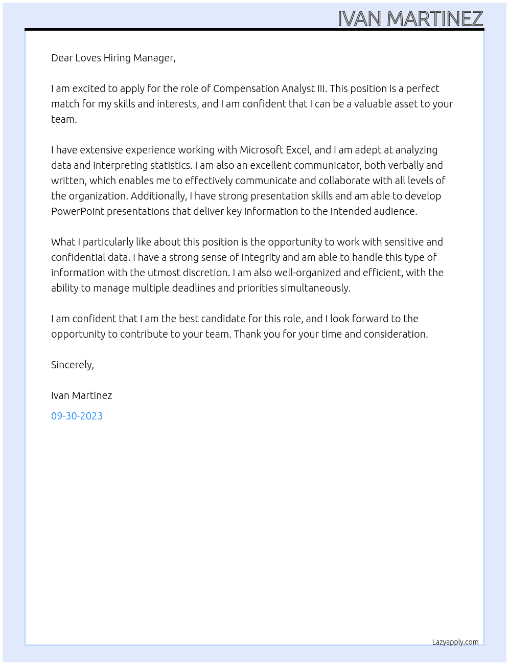 Compensation Analyst III At Loves Cover Letter