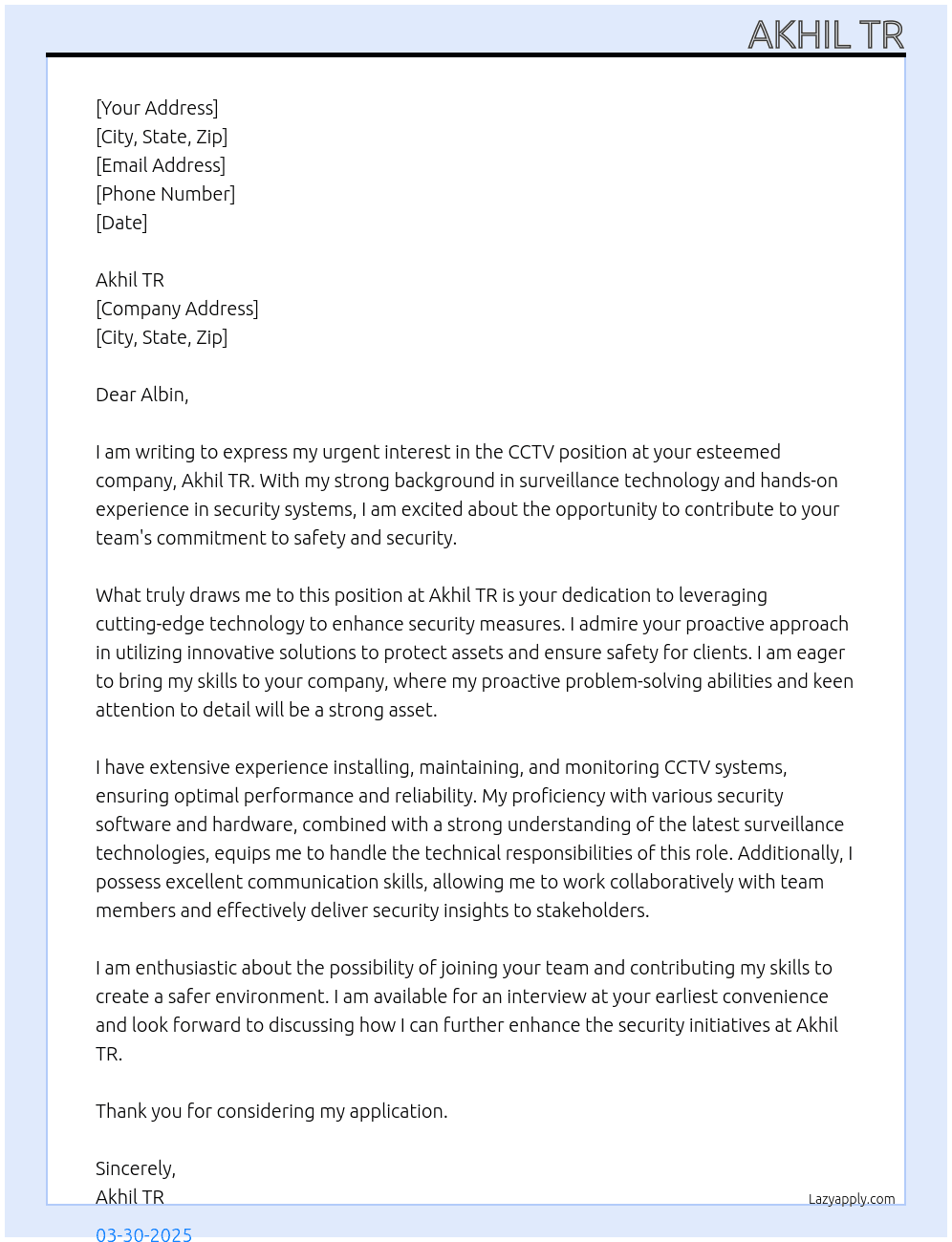 Cctv  At Akhil tr Cover Letter