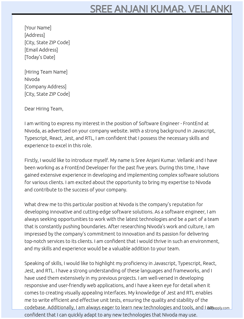 Software Engineer - FrontEnd At Nivoda Cover Letter