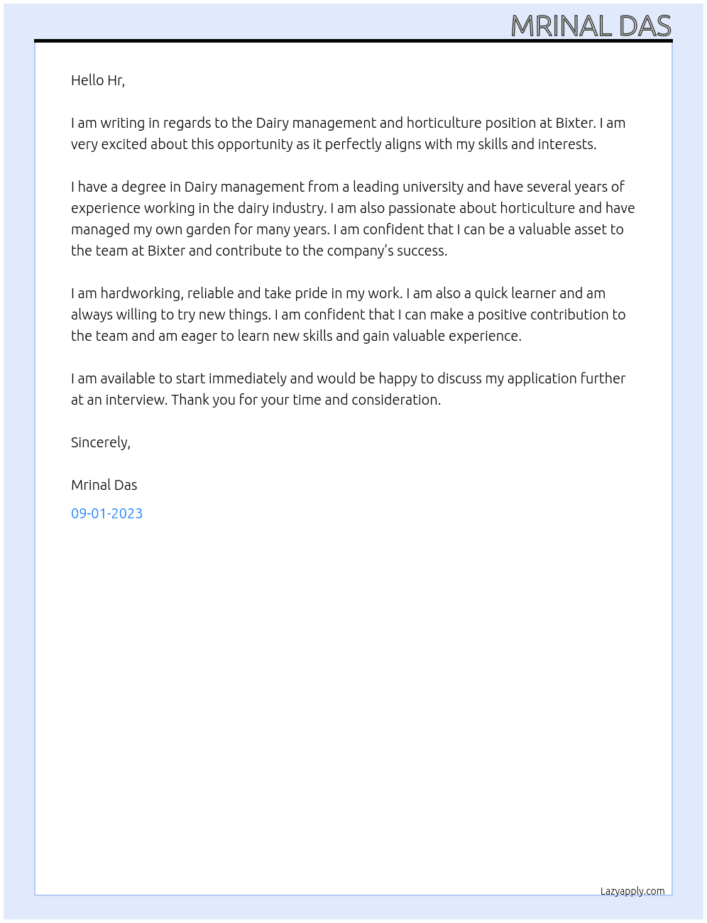 Dairy management and horticulture  At Bixter Cover Letter