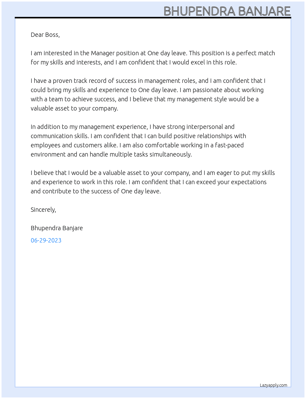 Manager At One day leave Cover Letter