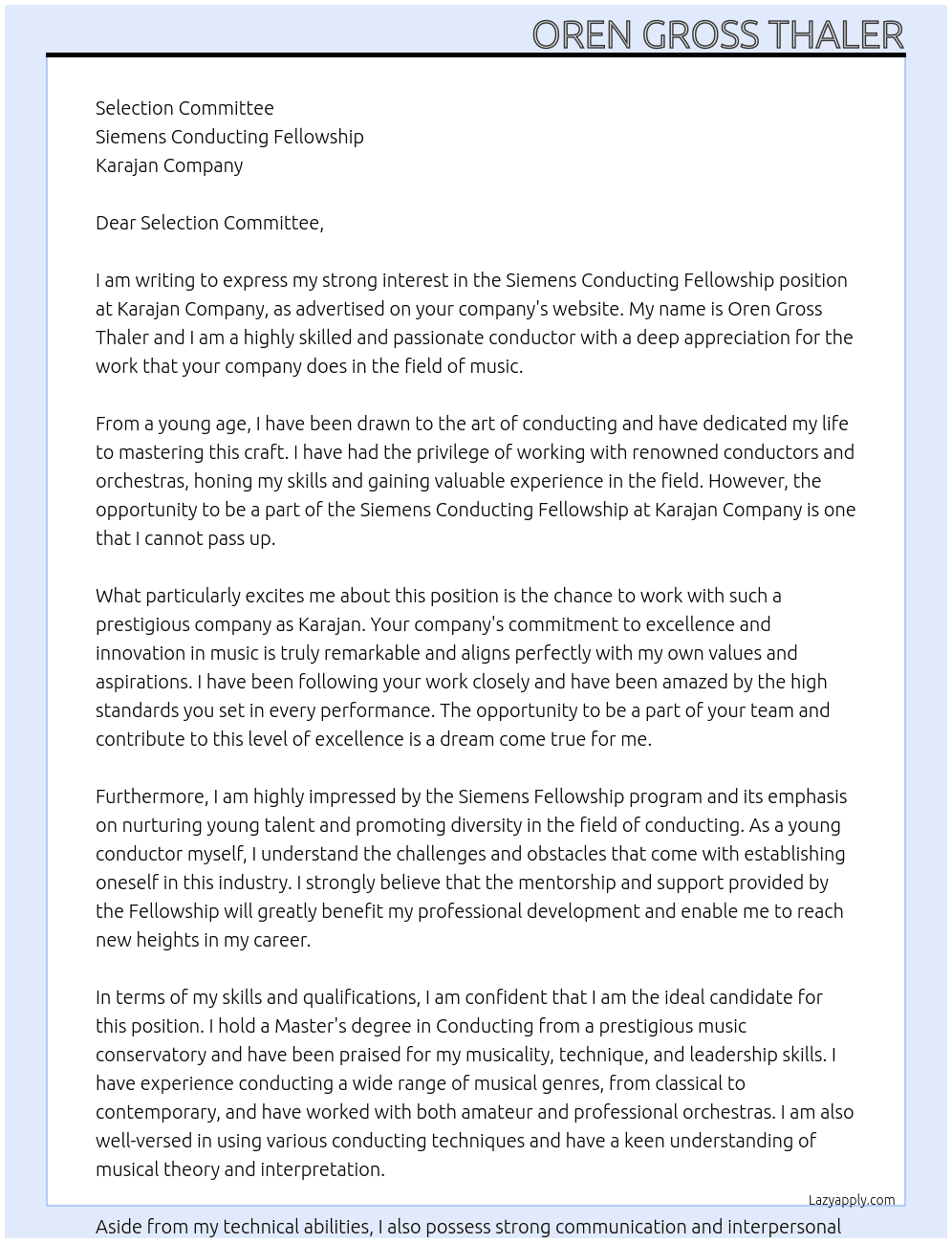 Siemens Conducting Frllowship At Karajan  Cover Letter