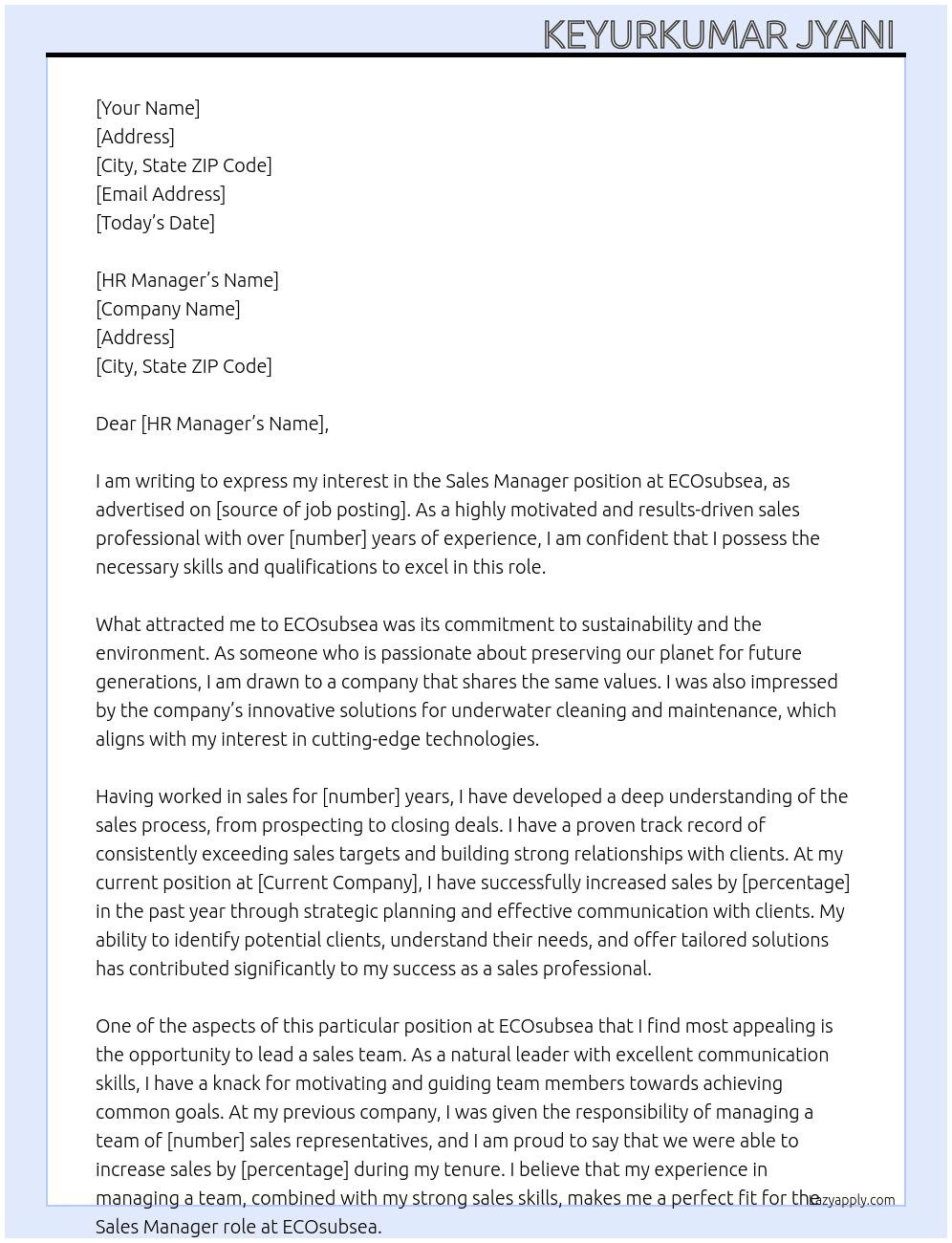 Sales manager  At ECOsubsea Cover Letter