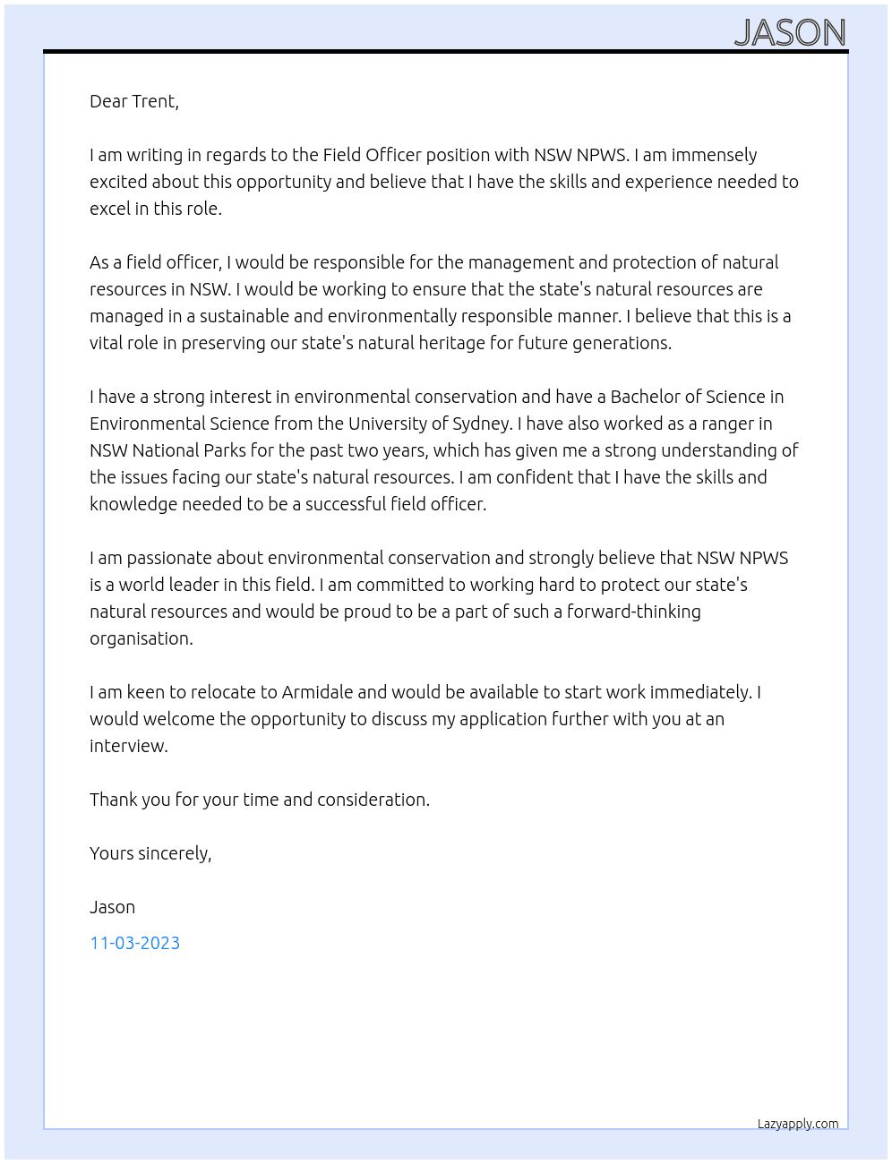 Field Officer At nsw npws Cover Letter
