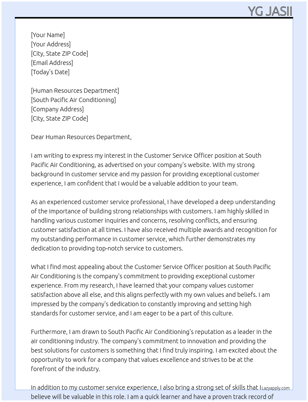 Customer Service Officer At South Pacific Air Conditioning Cover Letter