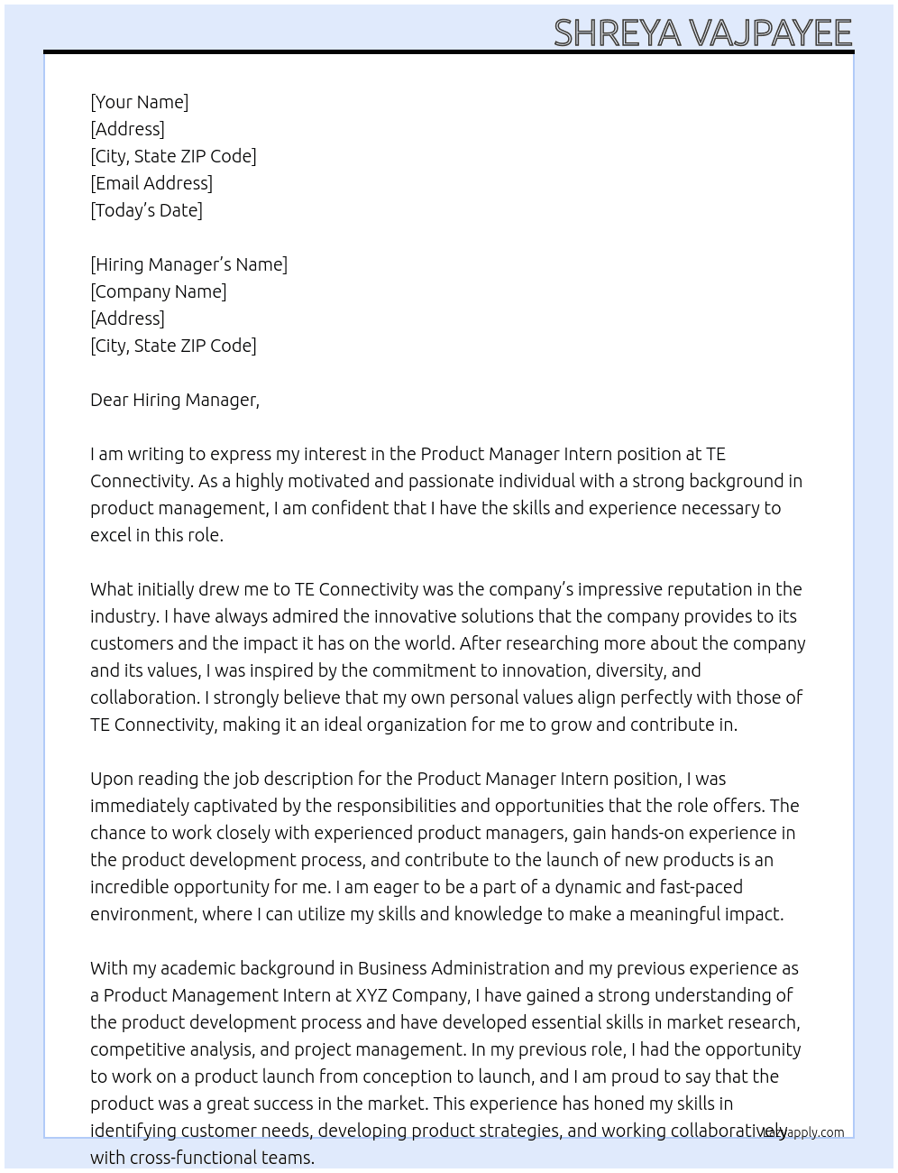 Product Manager Intern At TE Connectivity Cover Letter