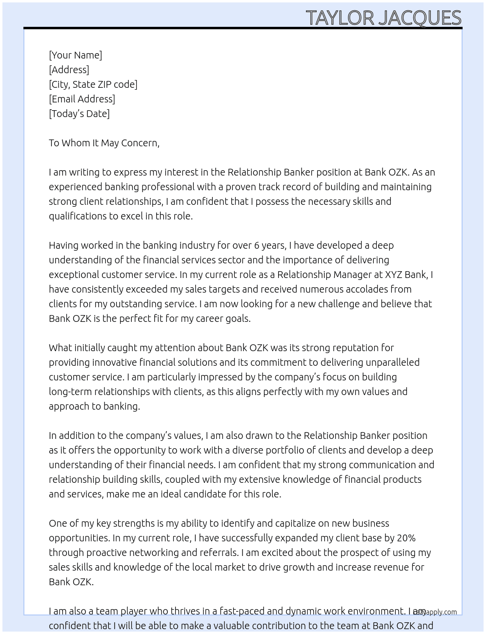 Relationship Banker At Bank OZK Cover Letter