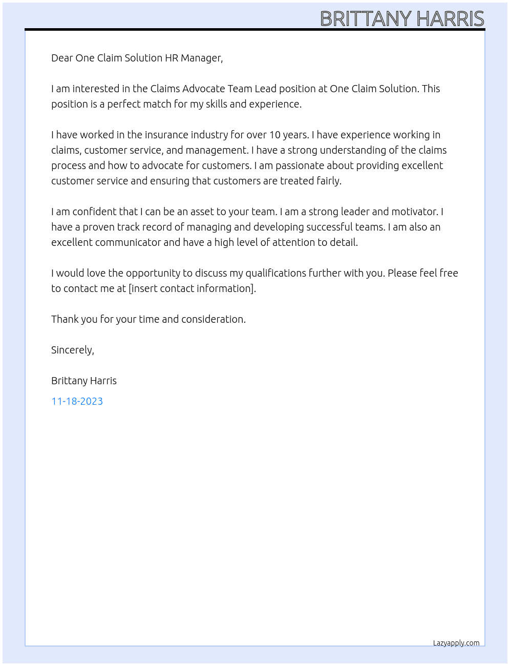 Claims Advocate Team Lead At One Claim Solution Cover Letter