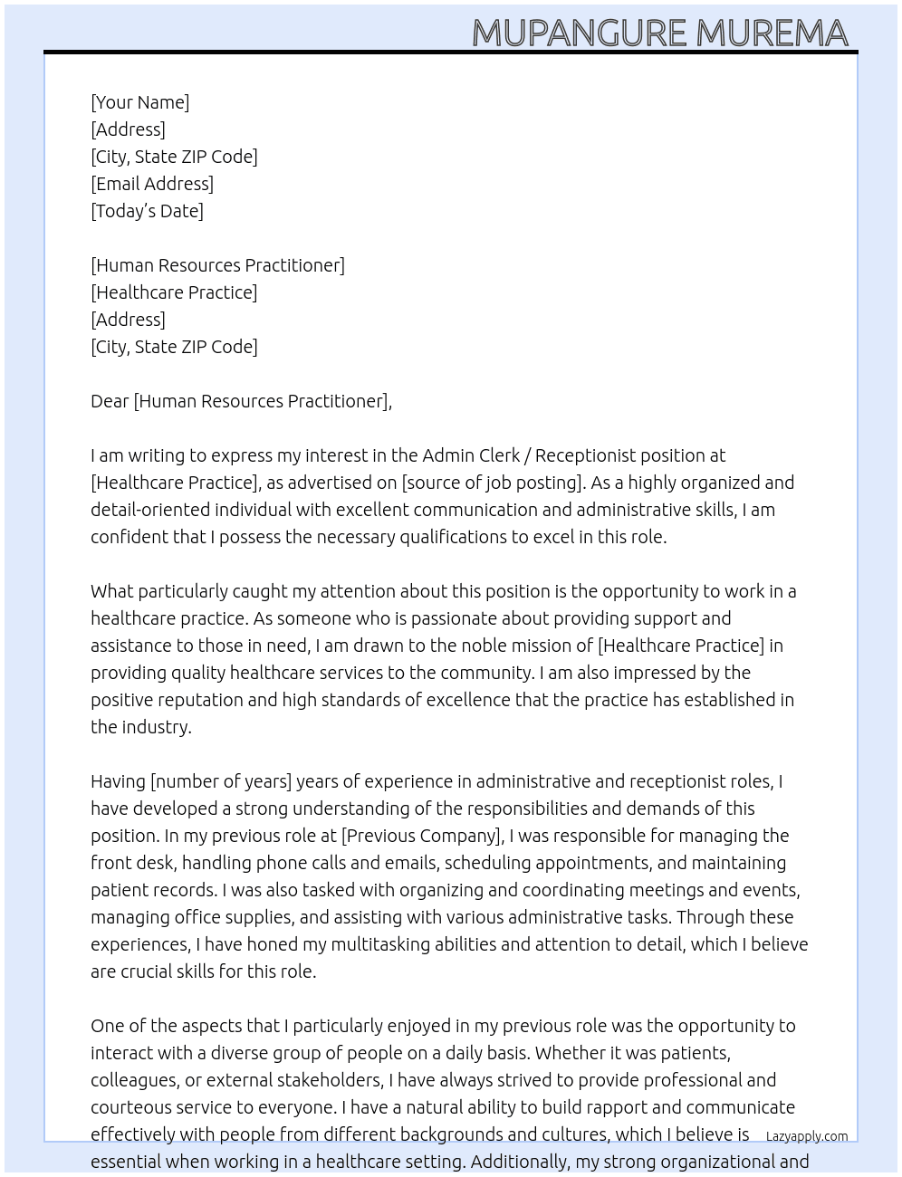 Admin Clerk / Receptionist  At Healthcare practice  Cover Letter