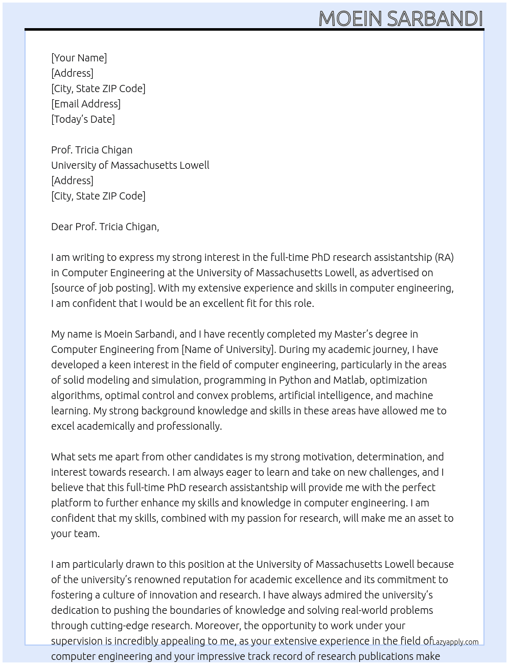 full-time PhD research assistantships (RA) in Computer Engineering At the University of Massachusetts Lowell Cover Letter