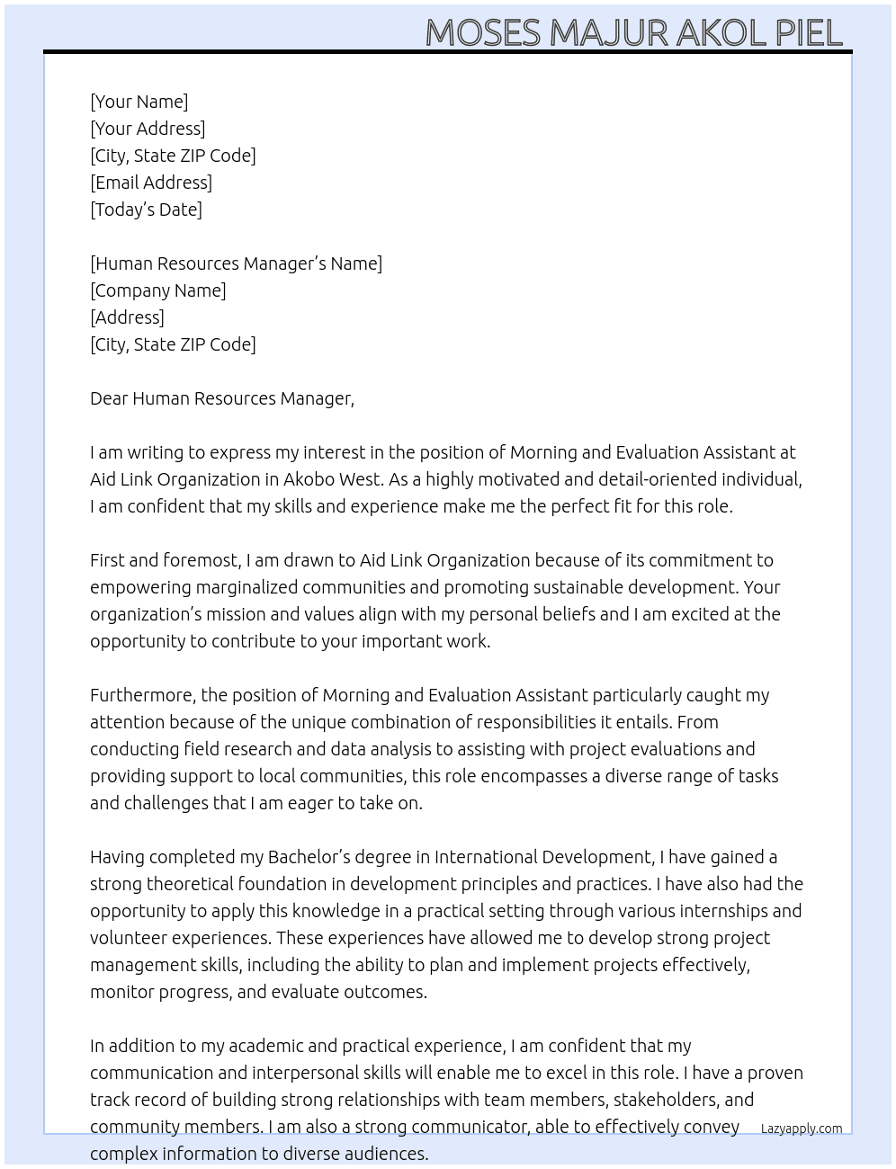 Morning and Evaluation Assistant in Akobo West  At Aid Link Organization  Cover Letter