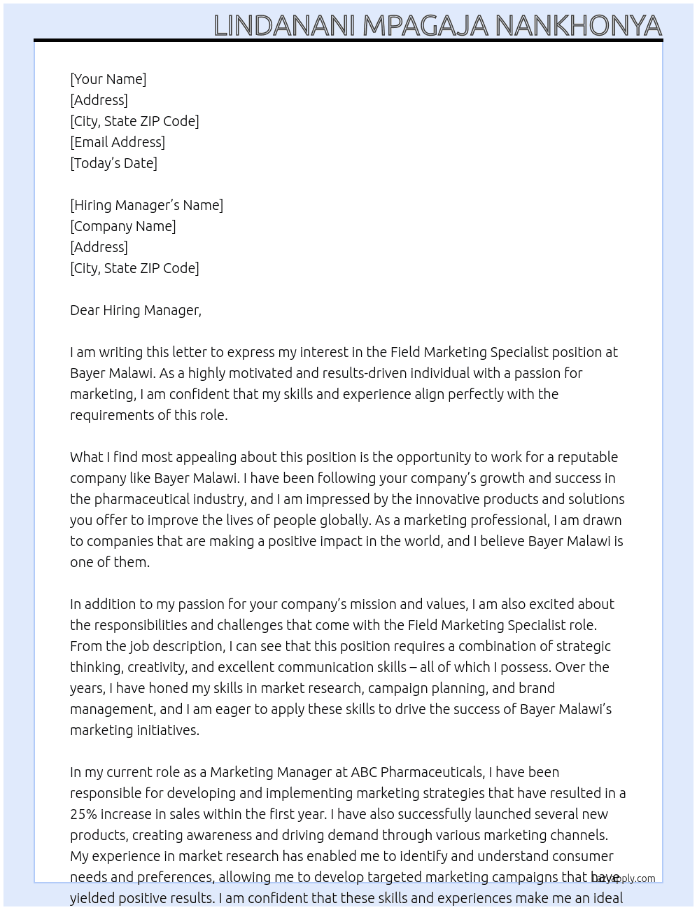 Field Marketing Specialist At  Bayer Malawi Cover Letter