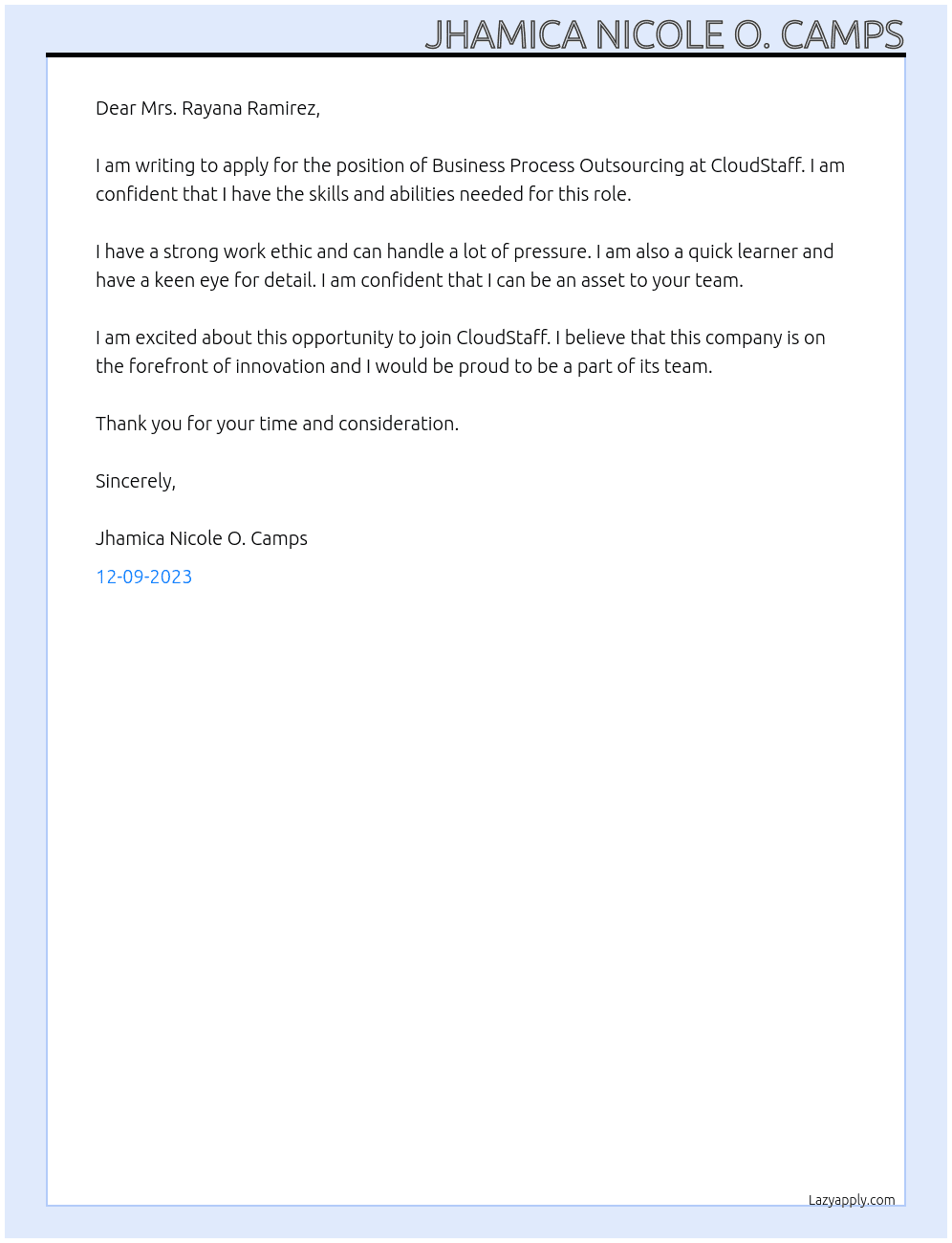 business process outsourcing At CloudStaff Cover Letter