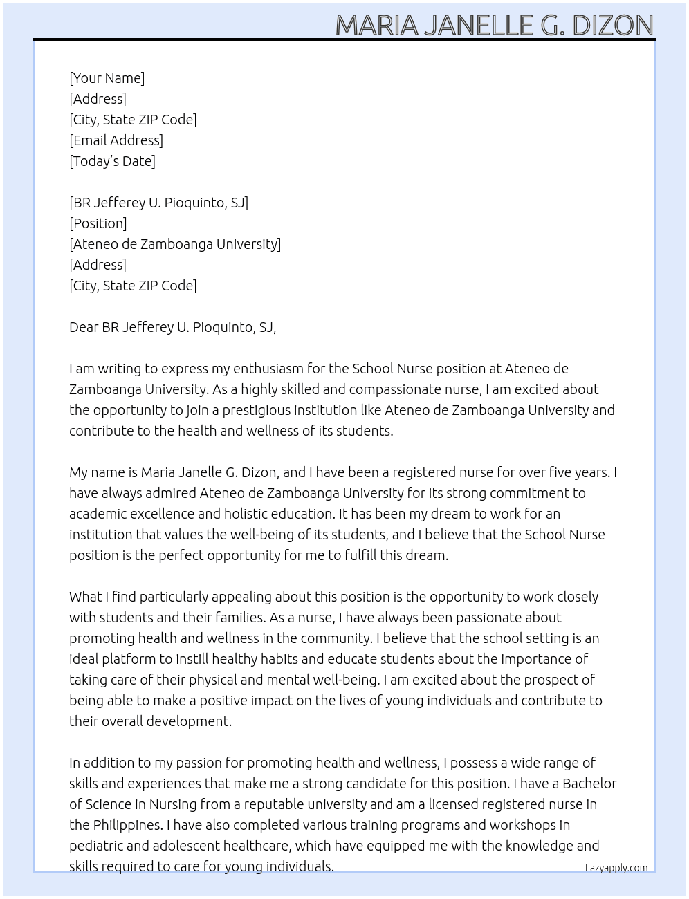 School Nurse At Ateneo de Zamboanga University Cover Letter