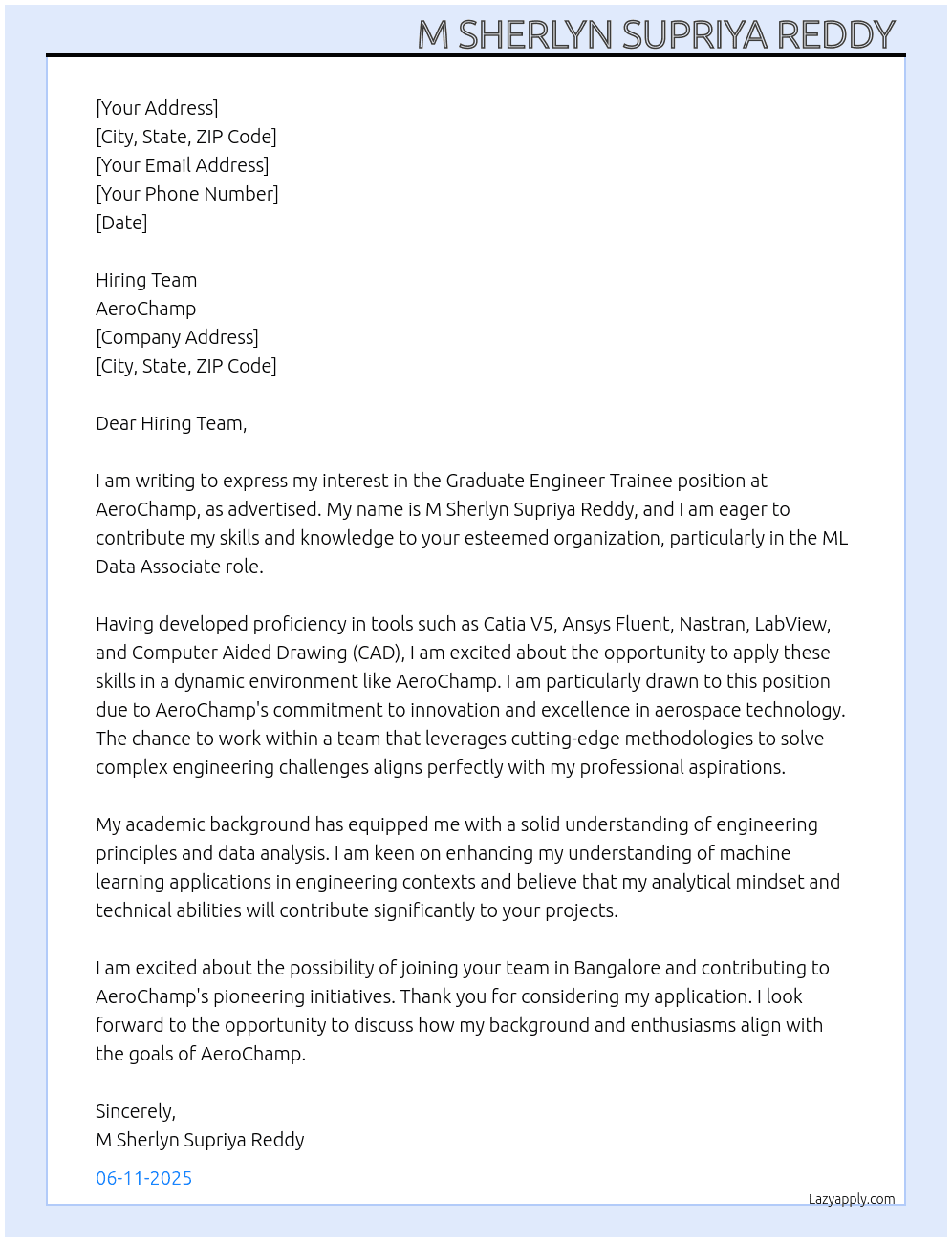 Graduate Engineer Trainee  At AeroChamp Cover Letter