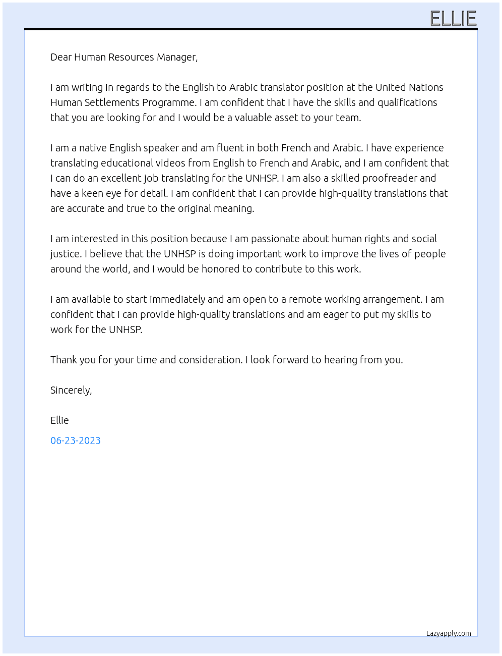 English to Arabic translator At United Nations Human Settlements Programme Cover Letter