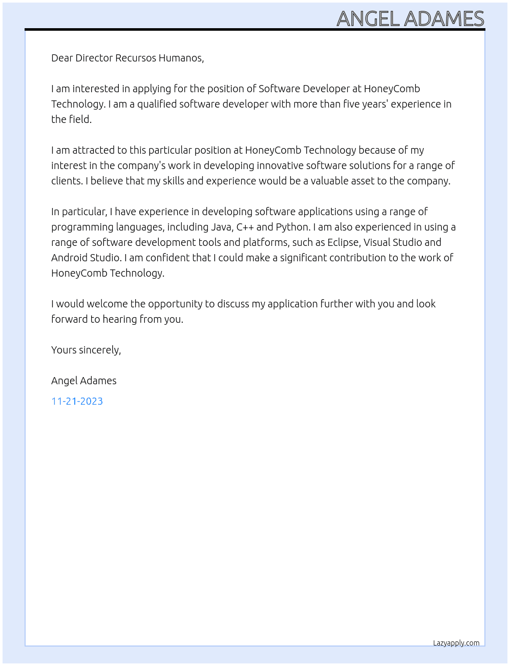 Software Developer At HoneyComb Technology Cover Letter